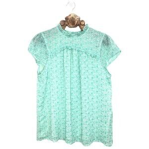 Joie Blouse Pale Green Metallic Floral Short Cap Sleeve High Neck Ruffle XL